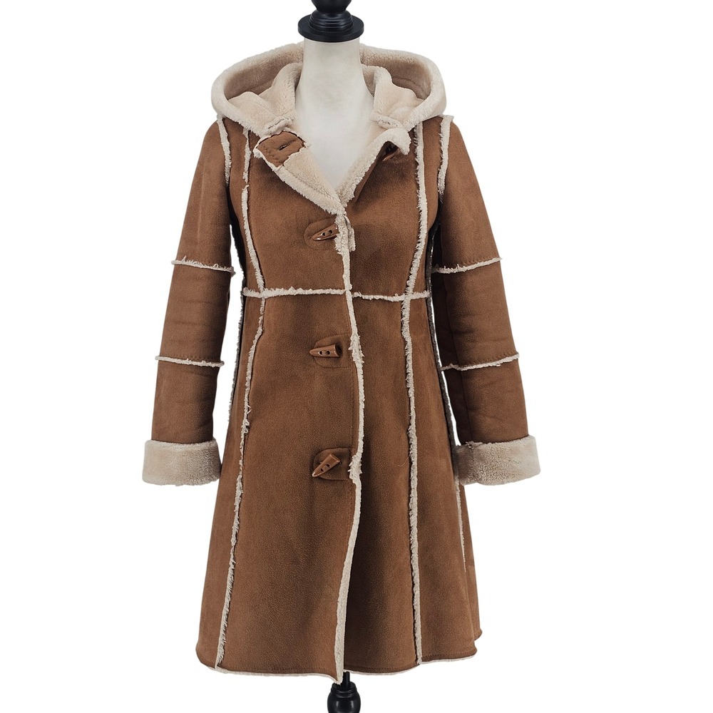 Copper Key Faux Shearling Penny Lane Coat Juniors 10/12 Brown Boho Hooded Toggle